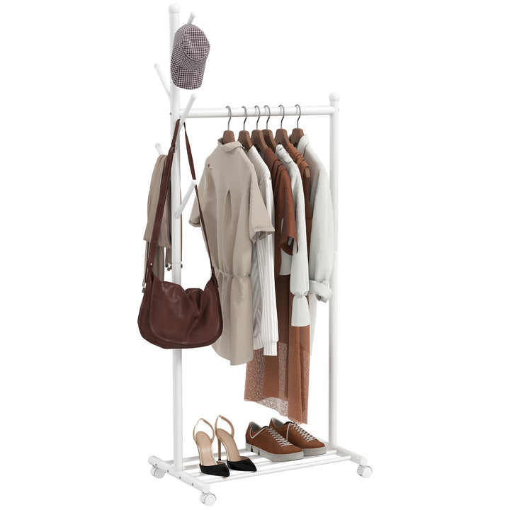 Charriot com Rodas Charriot com 5 Ganchos Barra para Pendurar e Prateleira Inferior Charriot para Dormitório Lavandaria 68x43x171 cm Branco