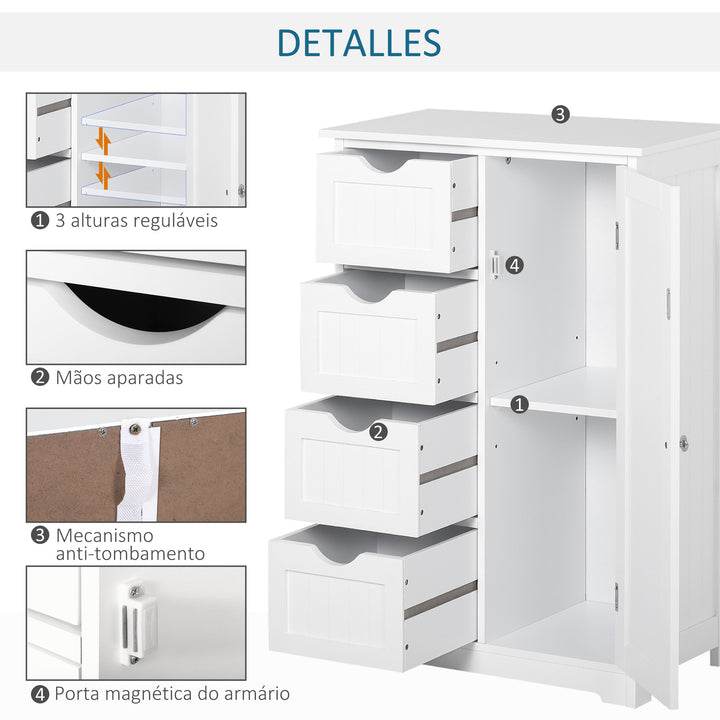 Armário de madeira para o banheiro ou entrada de móveis de madeira moderno organizador 1 portas e 4 gavetas Cor Branco 56x30x83 cm