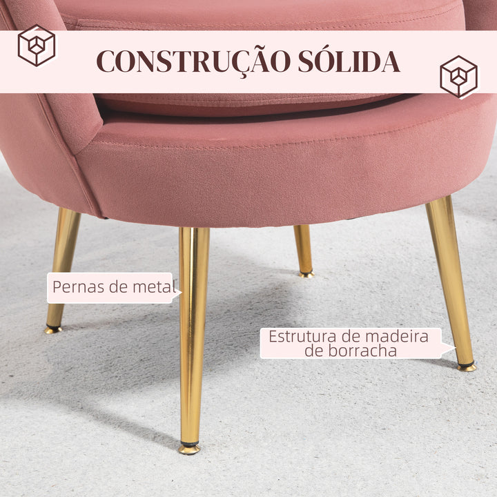 Poltrona de Sala Estofada em Veludo Poltrona para Quarto com Encosto em Forma de Concha e Pernas Douradas para Sala de Jantar 76x67x74 cm Rosa