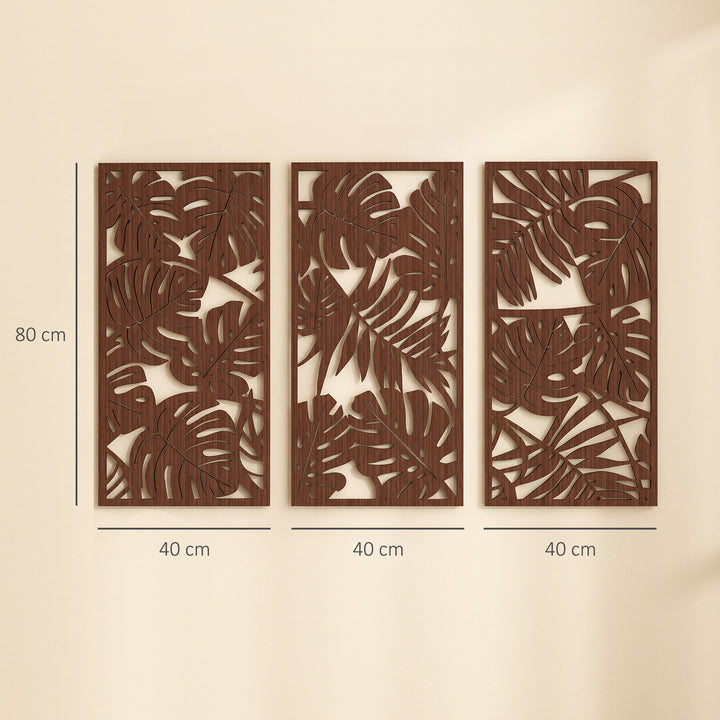 Decoração de Parede em Madeira 3D 3 Peças 40x80 cm Adornos de Parede com Padrão de Folhas Tropicais Arte Moderna para Sala Quarto Corredor Nogueira