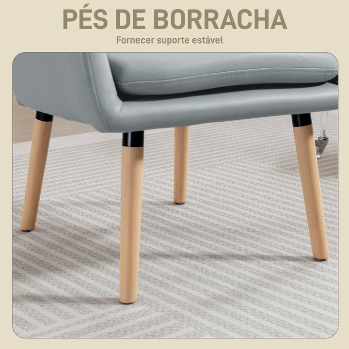 Poltrona de Sala de Estar Moderna Acolchoada de Dupla Camada Estofada em Couro Sintético Pés de Madeira 68x74x89 cm Cinza