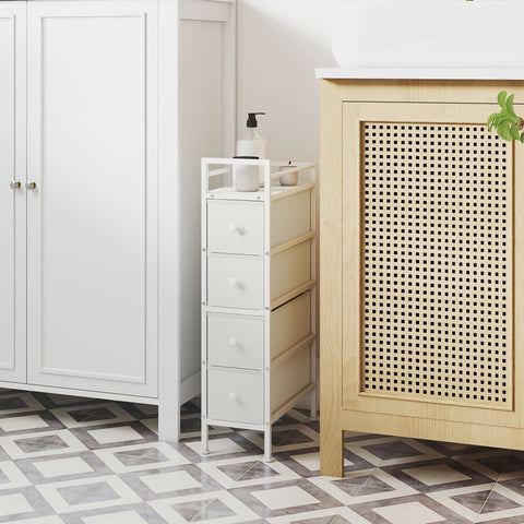Móvel de Arrumação Estreito com 4 Gavetas de Tecido Cómoda para Quarto Estreita com Estrutura de Aço para Espaços Pequenos Sala de Estar Closet Casa de Banho 20x43x81,5 cm Branco