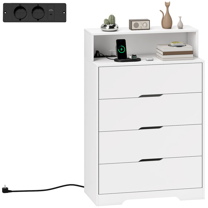 Cómoda com 4 Gavetas e Estação de Carregamento Móvel de Arrumação para Quarto com Porta USB Porta USB-C Prateleira Aberta 80x40x120 cm Branco