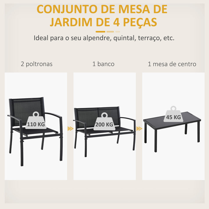 Conjunto de Móveis de Jardim Conjunto de 4 Peças Móveis de Exterior com 2 Poltronas 1 Sofá de 2 Lugares e Mesa de Centro com Tampo de Vidro Temperado Preto