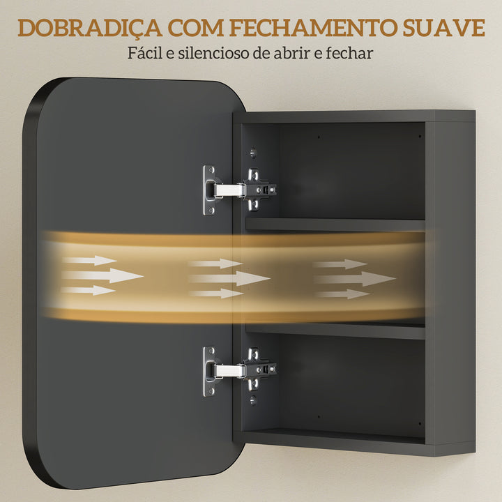 Armário de Casa de Banho com Espelho, Design com Bordas Arredondadas, Armário de Parede, Móvel para Casa de Banho Suspenso, Prateleiras Ajustáveis, 40,2x10,2x50,9 cm, Preto