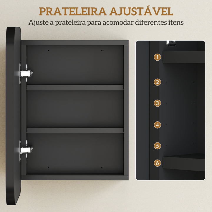 Armário de Casa de Banho com Espelho, Design com Bordas Arredondadas, Armário de Parede, Móvel para Casa de Banho Suspenso, Prateleiras Ajustáveis, 40,2x10,2x50,9 cm, Preto