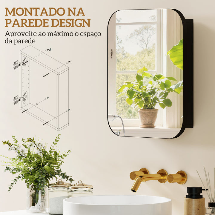 Armário de Casa de Banho com Espelho, Design com Bordas Arredondadas, Armário de Parede, Móvel para Casa de Banho Suspenso, Prateleiras Ajustáveis, 40,2x10,2x50,9 cm, Preto