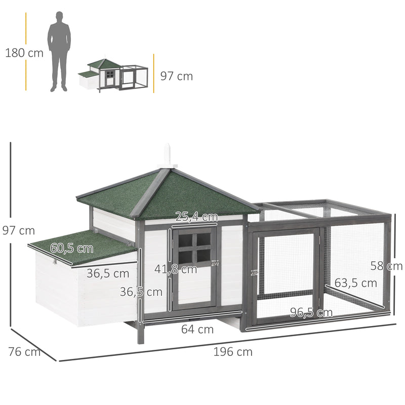 Galinheiro de Madeira de Abeto para Galinhas Exterior com Caixa Ninho Bandeja Removível e Espaço para Correr 196x76x97 cm Cinza