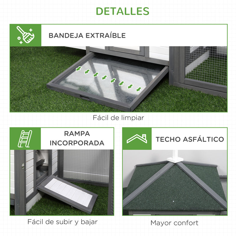 Galinheiro de Madeira de Abeto para Galinhas Exterior com Caixa Ninho Bandeja Removível e Espaço para Correr 196x76x97 cm Cinza