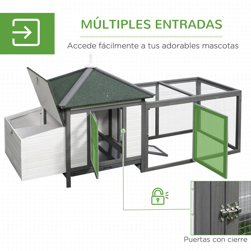 Galinheiro de Madeira de Abeto para Galinhas Exterior com Caixa Ninho Bandeja Removível e Espaço para Correr 196x76x97 cm Cinza