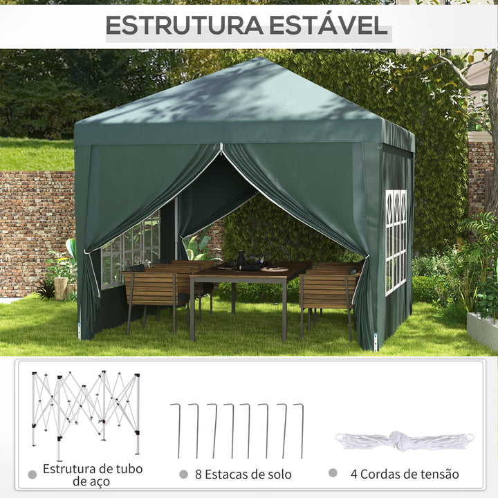 Tenda de Jardim com Paredes Laterais Amovíveis Janelas Porta com Zíper e Bolsa de Transporte 295x295x196-258 cm Verde