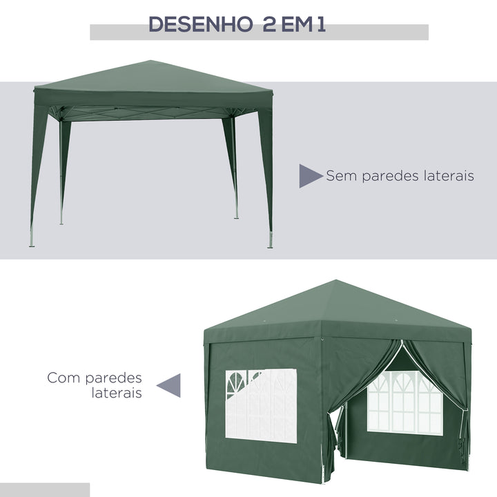 Tenda de Jardim com Paredes Laterais Amovíveis Janelas Porta com Zíper e Bolsa de Transporte 295x295x196-258 cm Verde