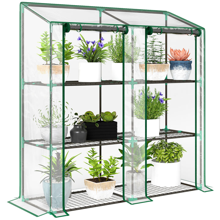 Estufa de Jardim de 3 Níveis Estufa de Terraço com Prateleiras Teto Inclinado e 2 Portas com Fecho de Correr para Cultivo de Plantas em Pátio 143x46x141/151 cm Transparente