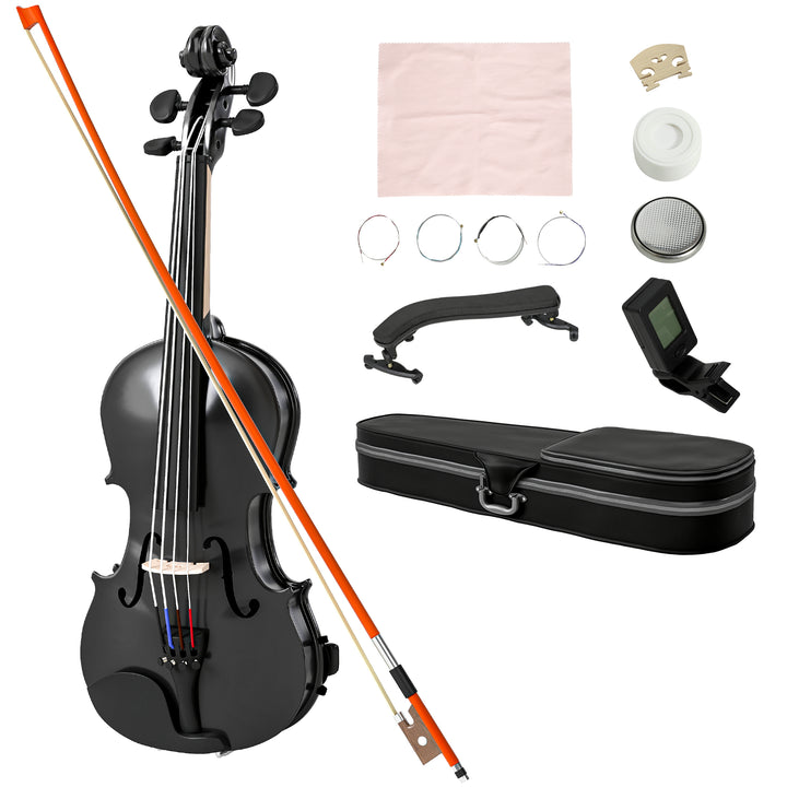 Violino 4/4 de Tamanho Completo em Madeira Conjunto para Iniciantes Adultos e Crianças com Estojo Arco Breu Afinadores Cordas e Suporte para Ombro 60x21x7 cm Preto