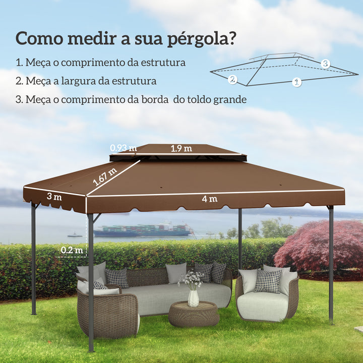 Toldo de Substituição para Pérgola 400x300 cm Teto de Substituição para Pérgolas Exterior com Duplo Teto e 8 Orifícios de Drenagem Marrom