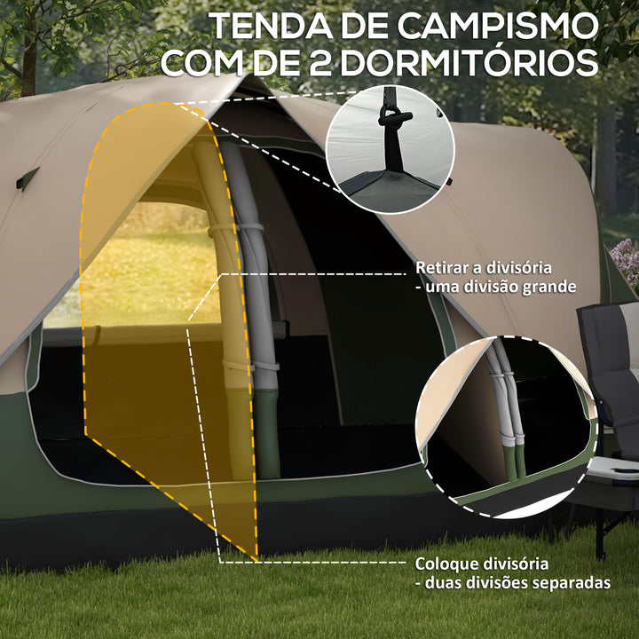 Tenda de Campismo Familiar para 6-8 Pessoas Tenda de Campismo Dobrável com 2 Quartos e Bolsa de Transporte Impermeável para Trekking 450x215x180 cm Verde