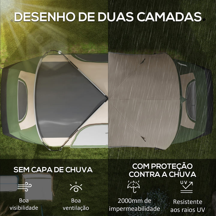 Tenda de Campismo Familiar para 6-8 Pessoas Tenda de Campismo Dobrável com 2 Quartos e Bolsa de Transporte Impermeável para Trekking 450x215x180 cm Verde