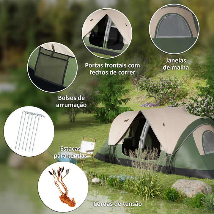 Tenda de Campismo Familiar para 6-8 Pessoas Tenda de Campismo Dobrável com 2 Quartos e Bolsa de Transporte Impermeável para Trekking 450x215x180 cm Verde