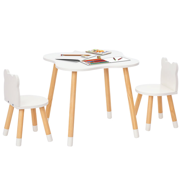Conjunto Infantil de Mesa e 2 Cadeiras de Madeira Móveis Infantil para Sala de Jogos Dormitório de Crianças Mesa 56x56x50cm e Cadeira 28x25x46cm Branco