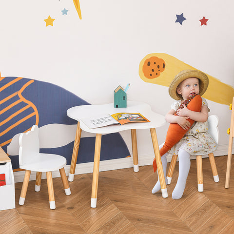 Conjunto Infantil de Mesa e 2 Cadeiras de Madeira Móveis Infantil para Sala de Jogos Dormitório de Crianças Mesa 56x56x50cm e Cadeira 28x25x46cm Branco