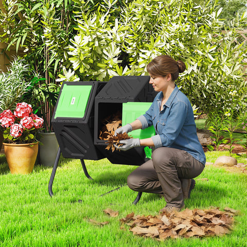 Compostor Giratório de 130L Recipiente de Compostagem de Jardim de Dupla Câmara Compostor com Aberturas de Ventilação e Pés de Aço 67x60x77 cm Preto e Verde