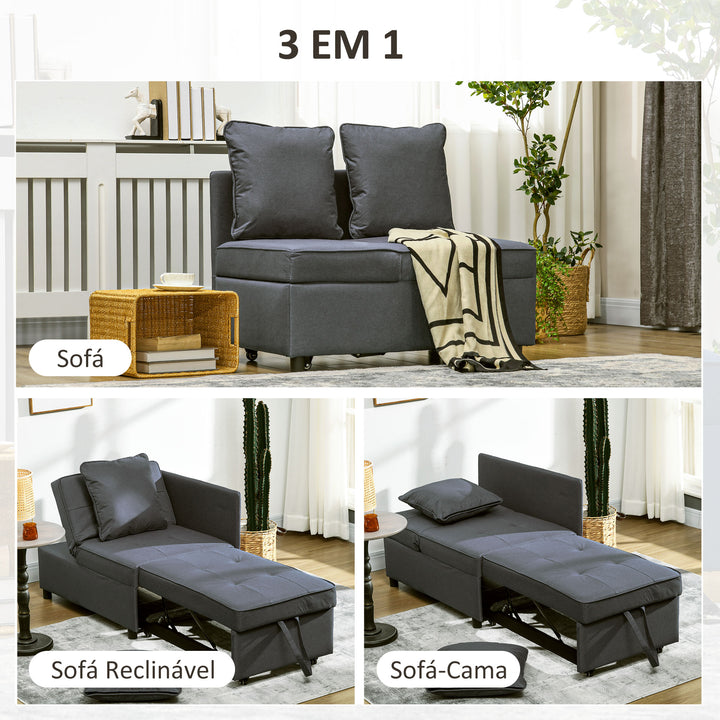 Sofá Cama 3 em 1 Sofá de 2 Lugares com Encosto Ajustável Sofá Cama Individual com Almofadas para Dormitório Sala de Estar 65x98x69 cm Cinzento