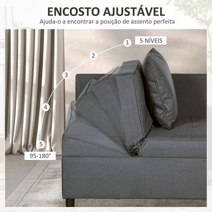 Sofá Cama 3 em 1 Sofá de 2 Lugares com Encosto Ajustável Sofá Cama Individual com Almofadas para Dormitório Sala de Estar 65x98x69 cm Cinzento