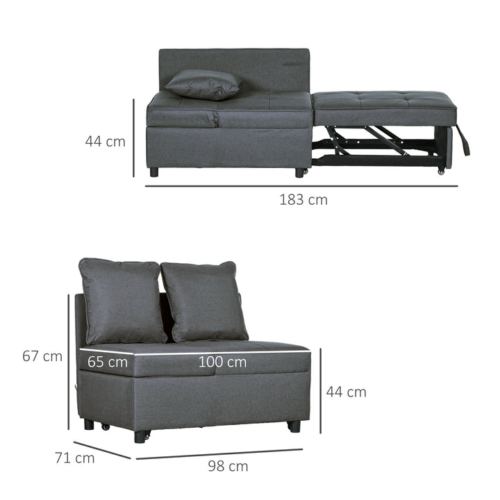 Sofá Cama 3 em 1 Sofá de 2 Lugares com Encosto Ajustável Sofá Cama Individual com Almofadas para Dormitório Sala de Estar 65x98x69 cm Cinzento
