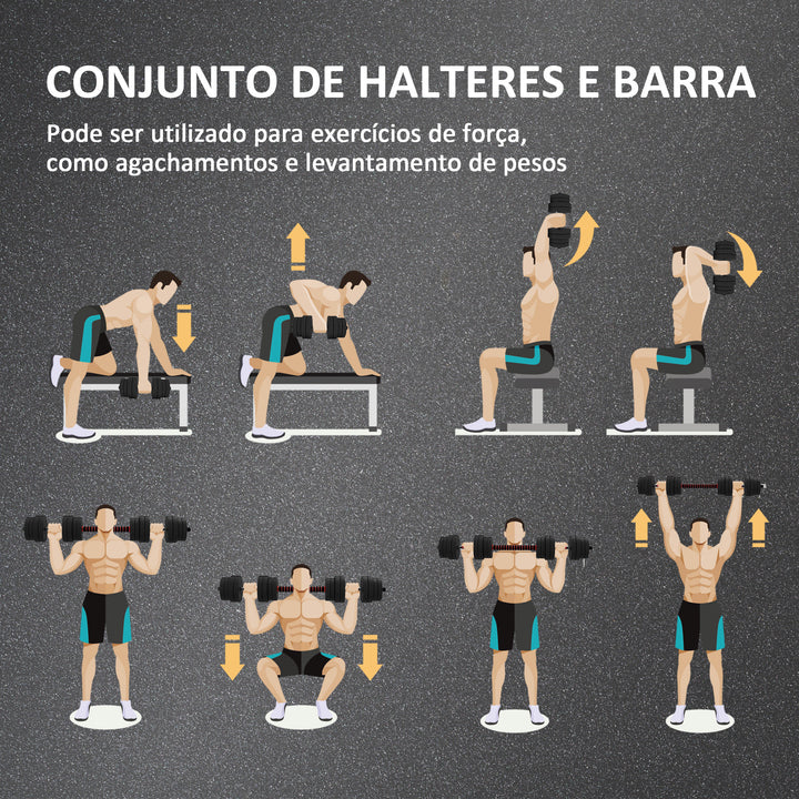 Conjunto de Halteres de 30 kg 2 em 1 com Barras de Conexão e Barra de Extensão Treinamento de Força e Levantamento de Pesos para Casa Escritório Ginásio Preto