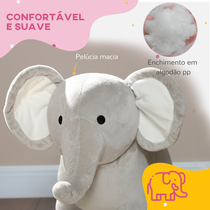Cavalo Baloiço para Crianças de 2-4 Anos Cavalo de Brincar em Forma de Elefante com Som Guiador e Base de Madeira Carga 40 kg 64,5x31x52 cm Cinzento