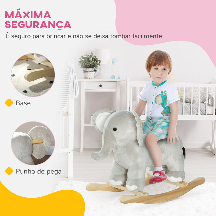 Cavalo Baloiço para Crianças de 2-4 Anos Cavalo de Brincar em Forma de Elefante com Som Guiador e Base de Madeira Carga 40 kg 64,5x31x52 cm Cinzento