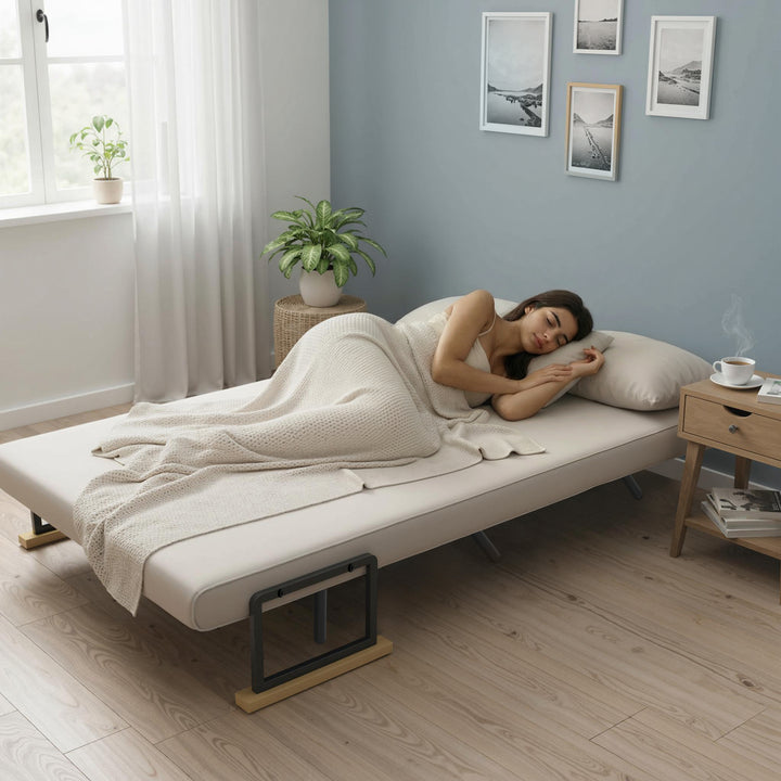 Sofá Cama Sofá Convertível em Cama de 2 Lugares Dobrável com Encosto Ajustável em 5 Níveis e 2 Almofadas Acolchoadas para Escritório Dormitório Sala de Estar 102x73x81 cm Bege