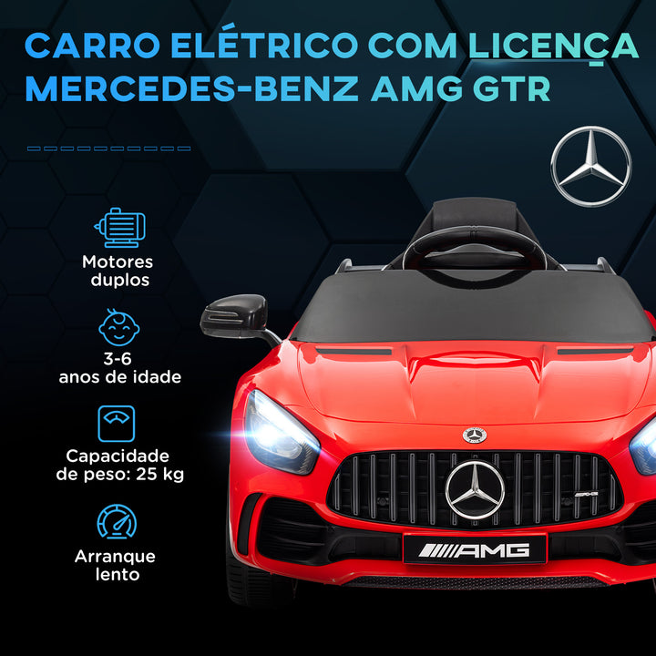 Carro Elétrico para Crianças acima de 3 Anos Carro Mercedes-Benz AMG GTR Carro Elétrico Infantil com Bateria 12V Controlo Remoto Faróis Buzina e Música 108x67x46 cm Vermelho