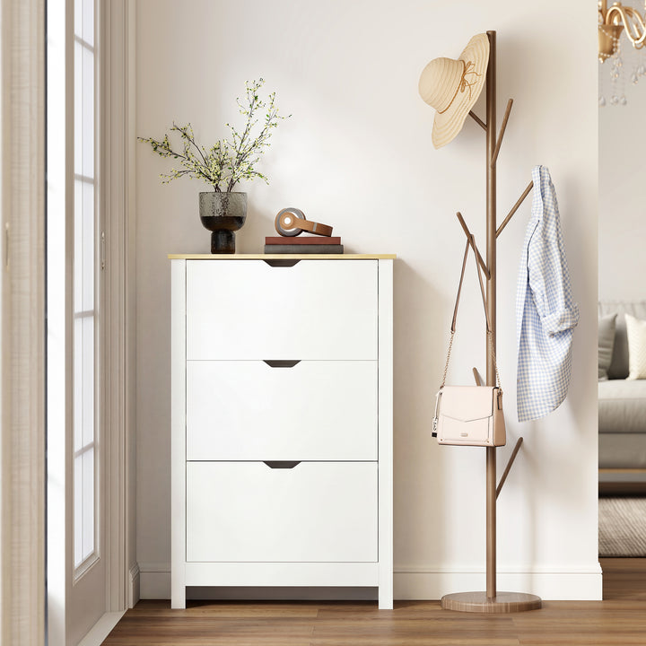 Sapateira Branca Estreita Armário Sapateiro Alto com 3 Gavetas Basculantes para 12 Pares de Sapatos e Prateleiras Ajustáveis para Corredor Entrada 72x26x112 cm