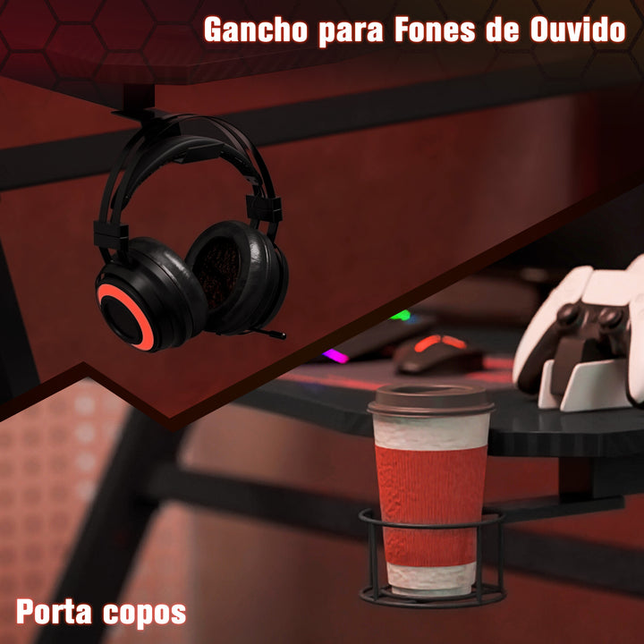 Secretária tipo gaming mesa de escritório com suporte para copos gancho e pés ajustáveis ??120x65x74,5 cm preto