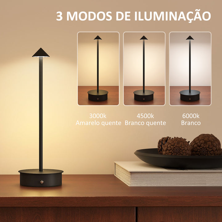 Conjunto de 2 Candeeiros de Mesa Recarregáveis por USB Reguláveis com Controlo Táctil 3000K/4500K/6500K Luz LED Incluída para Quarto Sala ou Escritório Ø10x30 cm Preto