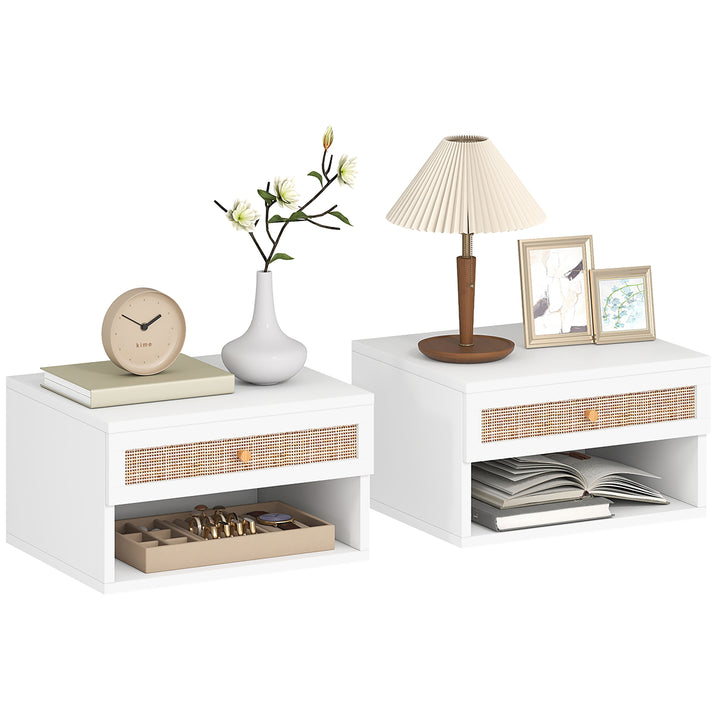 Conjunto de 2 Mesas de Cabeceiras Suspensas Mesas de Cabeceira com Compartimento Aberto e Gaveta com Frente em Vime Mesas de Cabeceira para Dormitório 40x34x23 cm Branco
