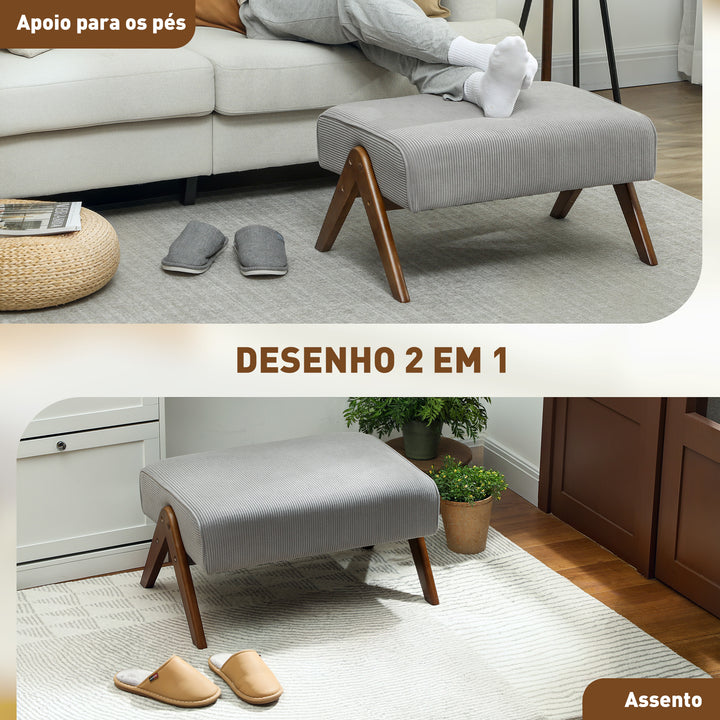 Apoio para Pés para Sala Banco Baixo Estofado em Veludo Otomana Retangular com Assento Almofadado e Pés de Madeira para Sala de Estar Quarto 69x47x36 cm Cinzento Claro