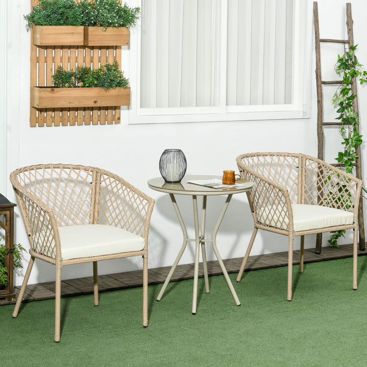 Conjunto 3 Peças de Jardim em Vime Conjunto com 2 Poltronas e 1 Mesa de Centro Redonda com Tampo de Vidro Temperado para Terraço Pátio Natural e Caqui