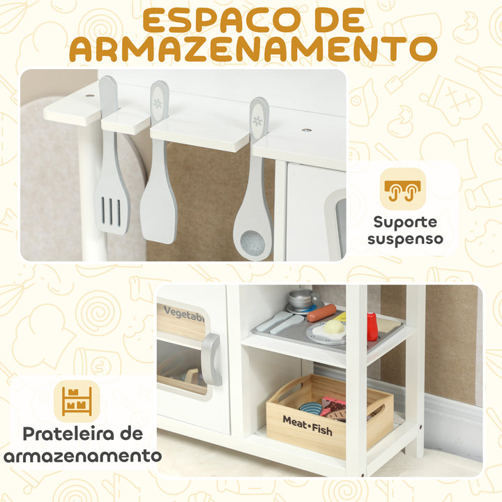 Cozinha de Brincar em Madeira com Som Cozinha Infantil com Acessórios Lava-Loiças Micro-Ondas e Fogão Brinquedos para Crianças a Partir de 3 Anos 55x24x86 cm Branco