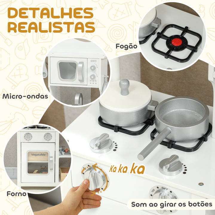 Cozinha de Brincar em Madeira com Som Cozinha Infantil com Acessórios Lava-Loiças Micro-Ondas e Fogão Brinquedos para Crianças a Partir de 3 Anos 55x24x86 cm Branco
