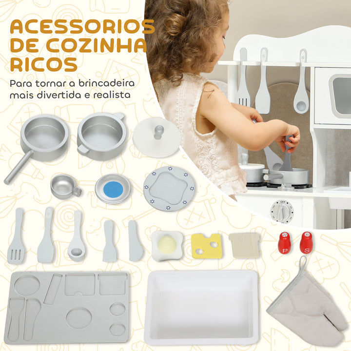 Cozinha de Brincar em Madeira com Som Cozinha Infantil com Acessórios Lava-Loiças Micro-Ondas e Fogão Brinquedos para Crianças a Partir de 3 Anos 55x24x86 cm Branco