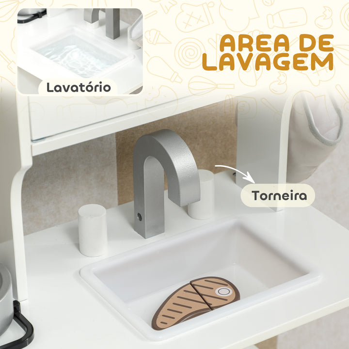 Cozinha de Brincar em Madeira com Som Cozinha Infantil com Acessórios Lava-Loiças Micro-Ondas e Fogão Brinquedos para Crianças a Partir de 3 Anos 55x24x86 cm Branco