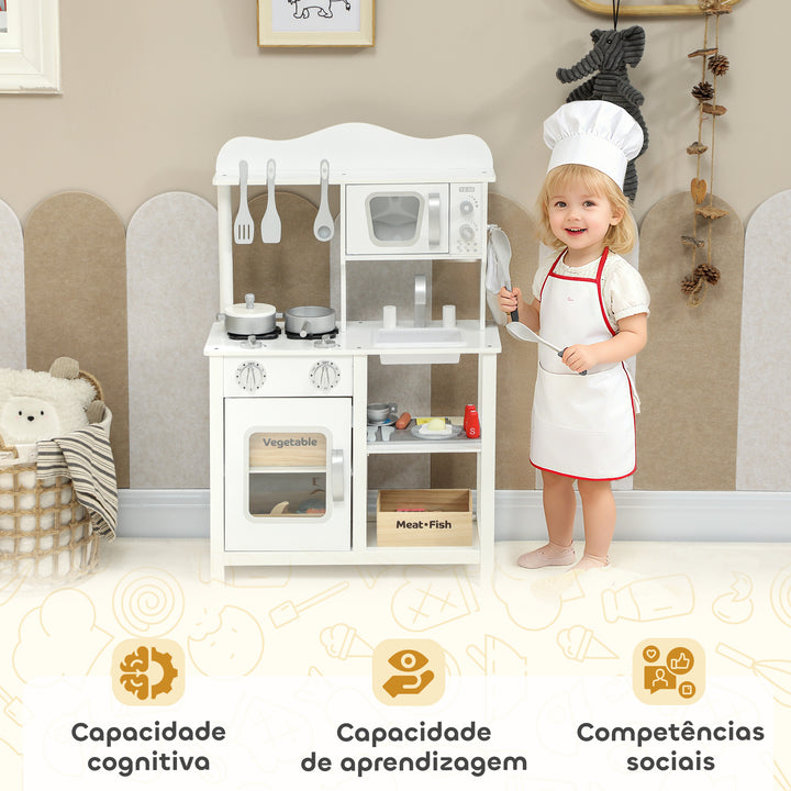 Cozinha de Brincar em Madeira com Som Cozinha Infantil com Acessórios Lava-Loiças Micro-Ondas e Fogão Brinquedos para Crianças a Partir de 3 Anos 55x24x86 cm Branco