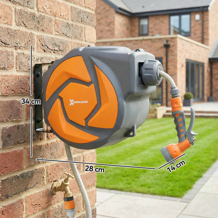 Carretel de Mangueira de Jardim 10+1 m com Bocal de 7 Funções, Mangueira Retrátil de Parede, Giratória a 180°, com Retorno Automático, Cinzento Escuro e Laranja