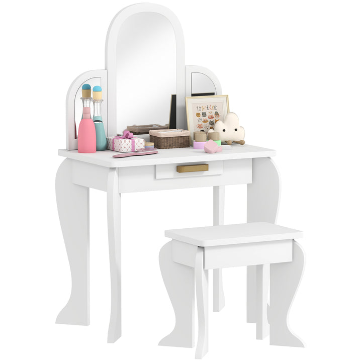 Toucador para Crianças com Espelho e Banco Toucador de Maquilhagem para Crianças de 3 a 6 Anos Toucador Infantil de Madeira com Gaveta 52x32x85 cm Branco