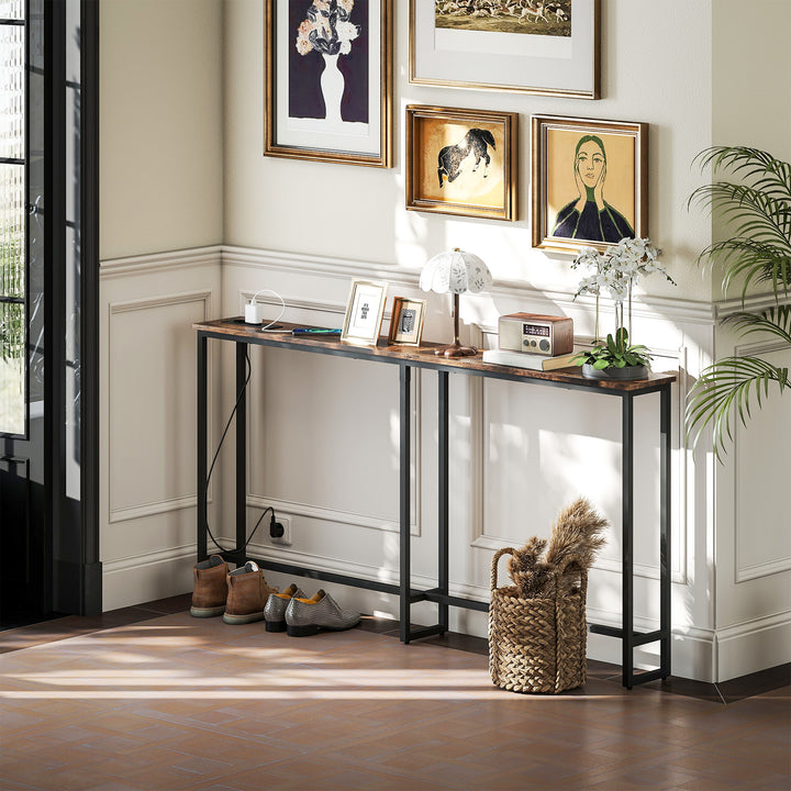 Mesa de Consola Estreita 160 cm Consola com Estação de Carga Estrutura de Aço Estilo Industrial para Corredor Entrada Sala de Estar Dormitório Marrom Rústico