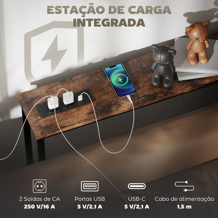 Mesa de Consola Estreita 160 cm Consola com Estação de Carga Estrutura de Aço Estilo Industrial para Corredor Entrada Sala de Estar Dormitório Marrom Rústico