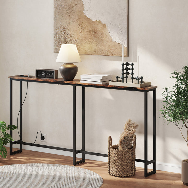 Mesa de Consola Estreita 160 cm Consola com Estação de Carga Estrutura de Aço Estilo Industrial para Corredor Entrada Sala de Estar Dormitório Marrom Rústico