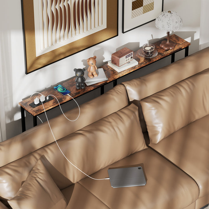 Mesa de Consola Estreita 160 cm Consola com Estação de Carga Estrutura de Aço Estilo Industrial para Corredor Entrada Sala de Estar Dormitório Marrom Rústico